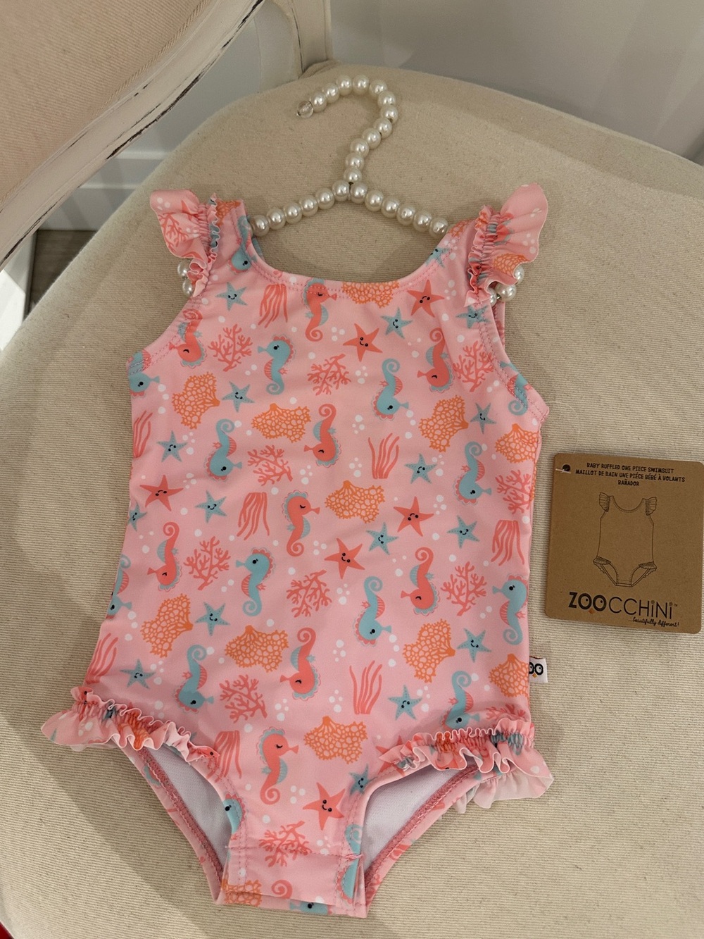 🤍 12~24 Mth Baby Girls' Pink Seahorse Print Ruffle One-Piece Swimsuit NWT